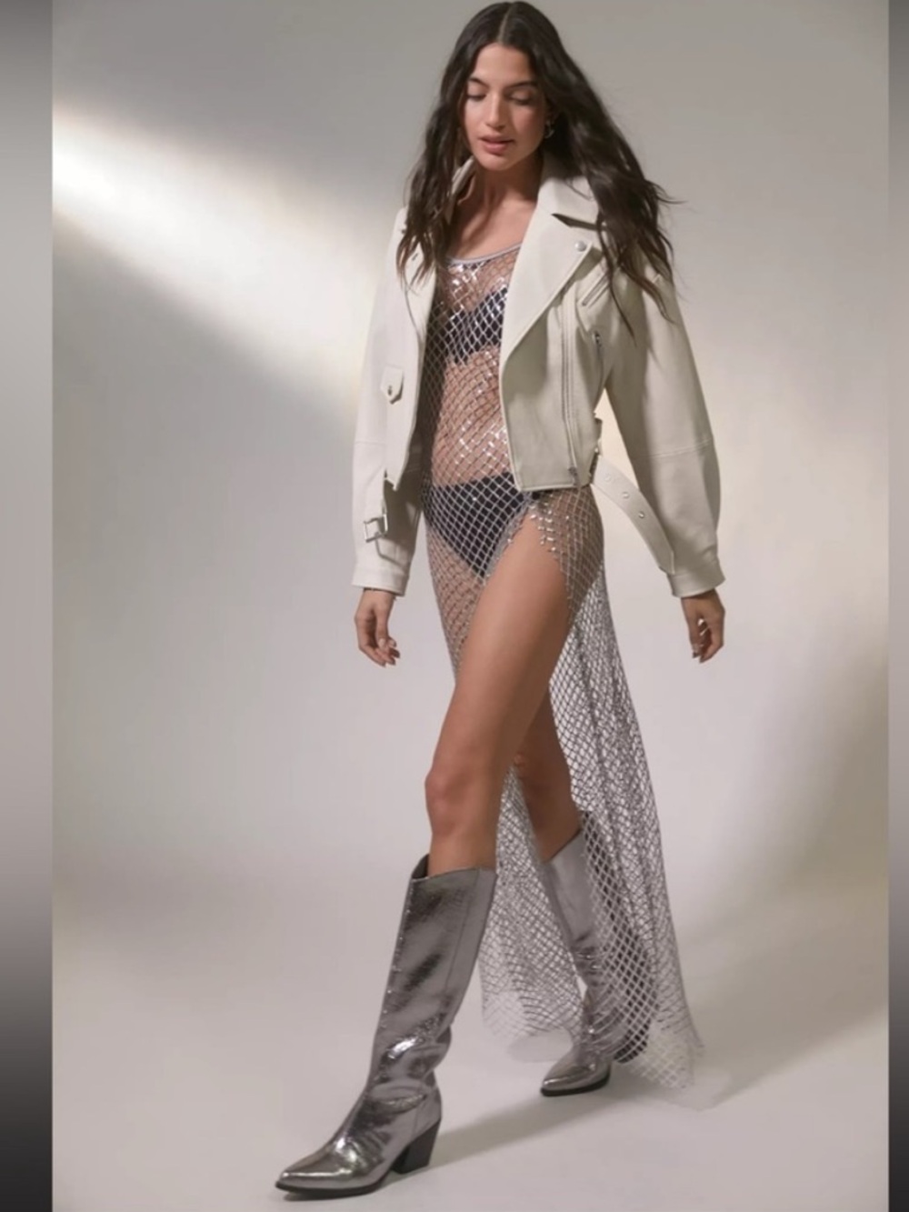 For Love & Lemon’s Fawn long sleeve silver sparkling fishnet dress NWT